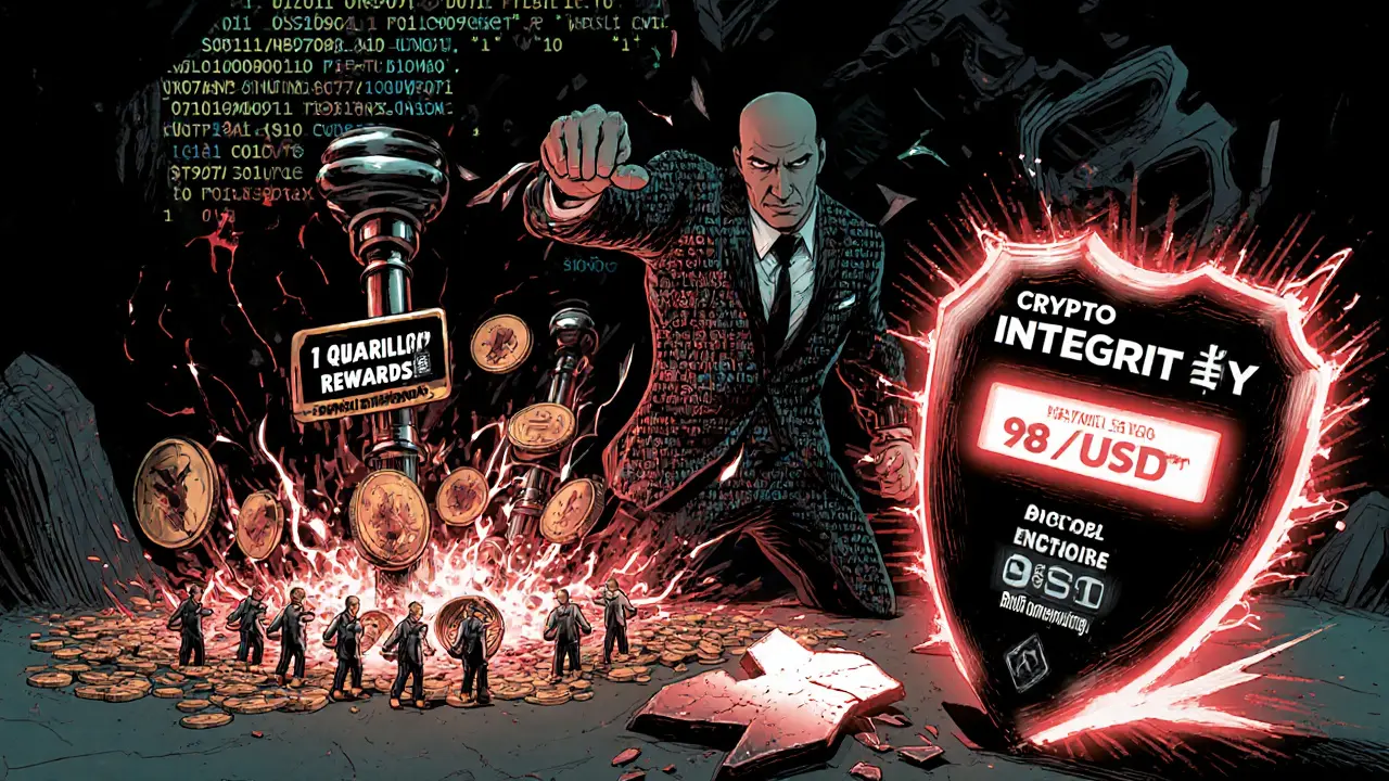 A faceless CEO pulls levers that drain investors into a vortex of disappearing USDT coins.