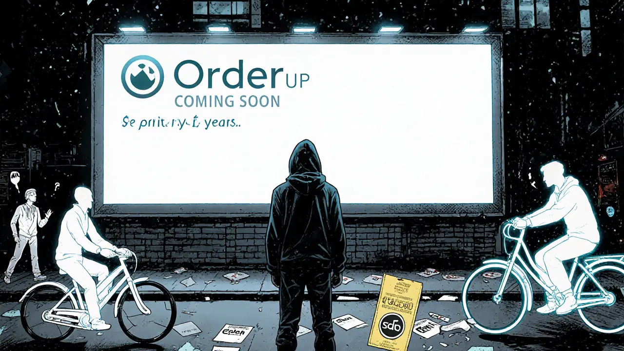 A lonely figure stares at an abandoned &#039;OrderUp - Coming Soon&#039; billboard while delivery bikes pass by.