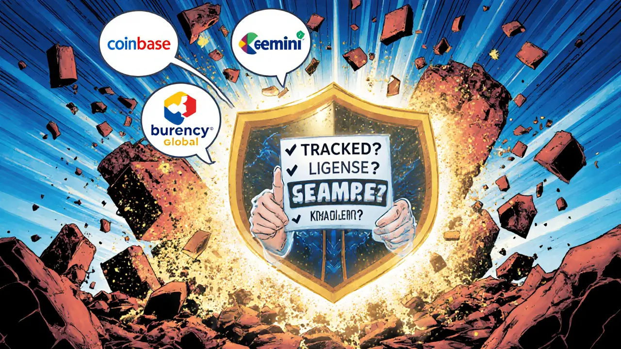 A crypto safety hero stands beside trusted exchanges as the scam site crumbles into digital dust.