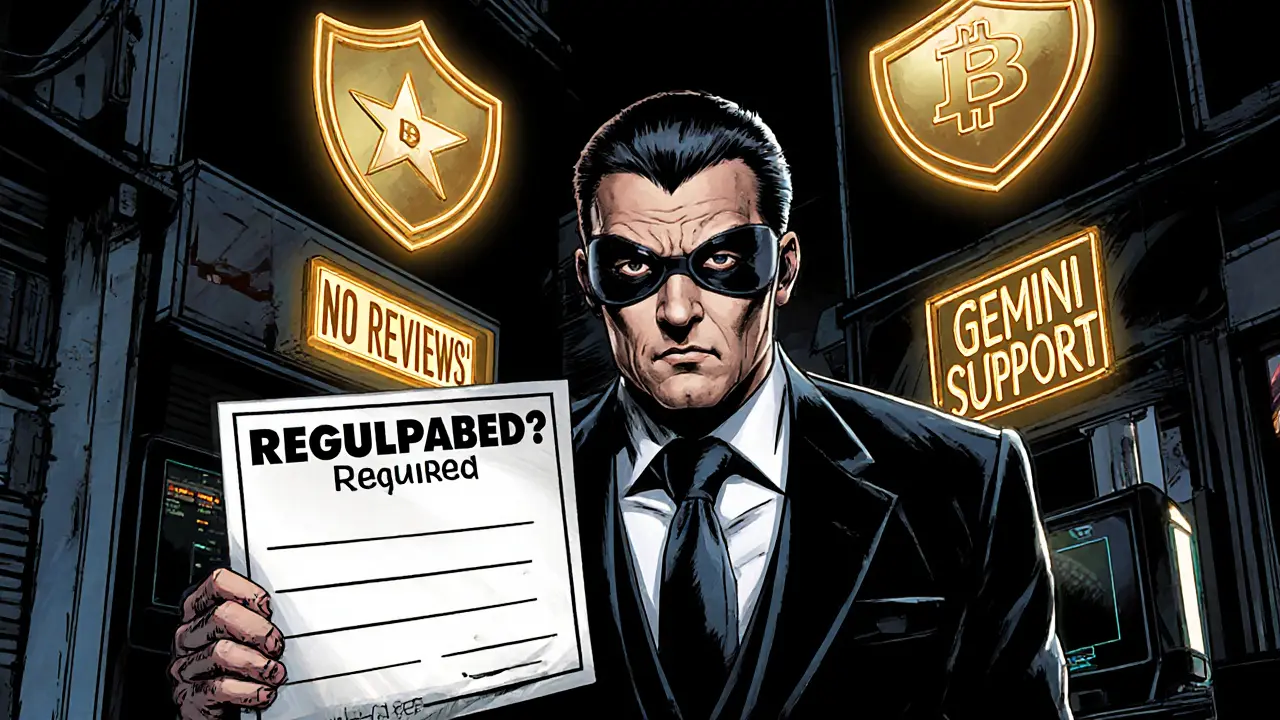 A fraudster holds a fake license beside an empty trading terminal while real exchanges glow in the background.