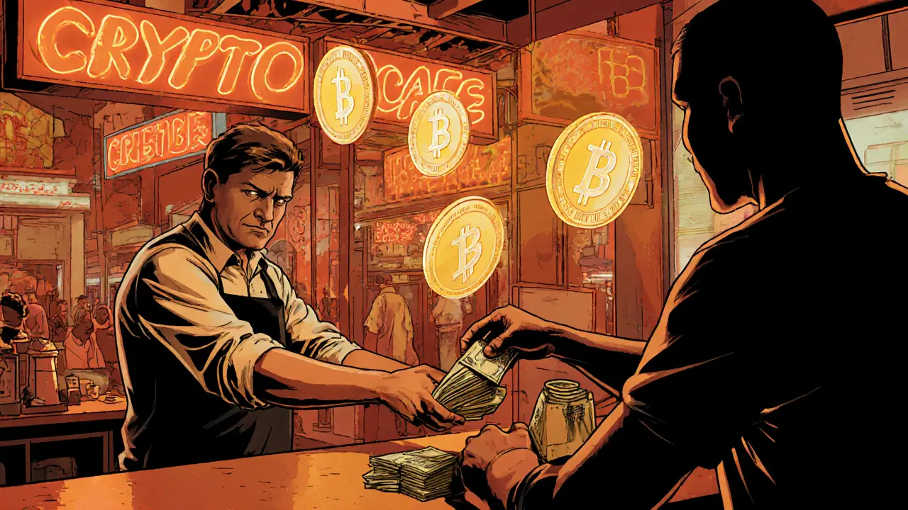 Cambodia crypto cafe exchanging digital assets for cash in comic book art