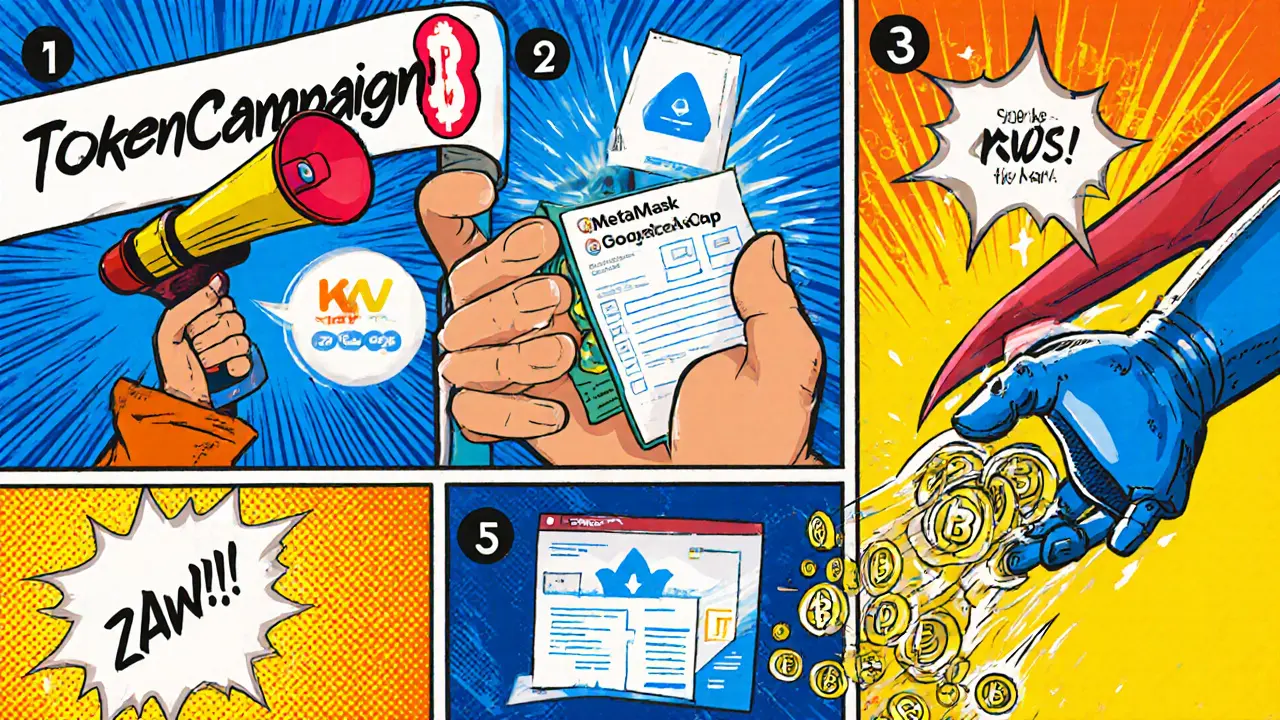 Comic panels illustrating the KWS airdrop steps from announcement to distribution.