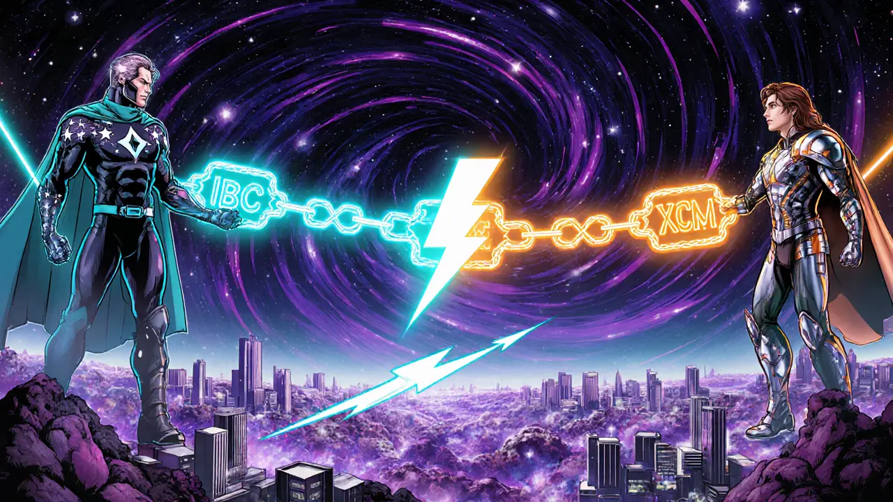 Cosmos and Polkadot heroes build glowing bridges linking blockchain galaxies.