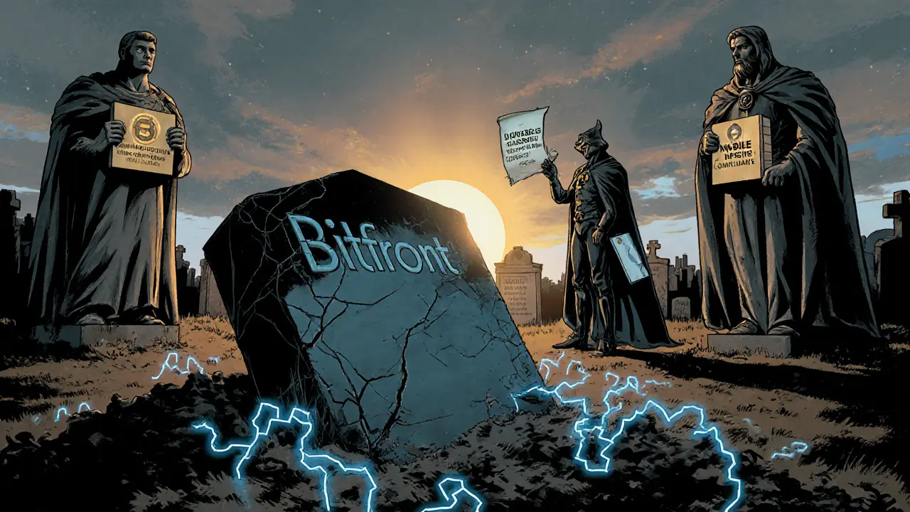 Crumbling Bitfront monument beside strong exchange statues, highlighting lessons.