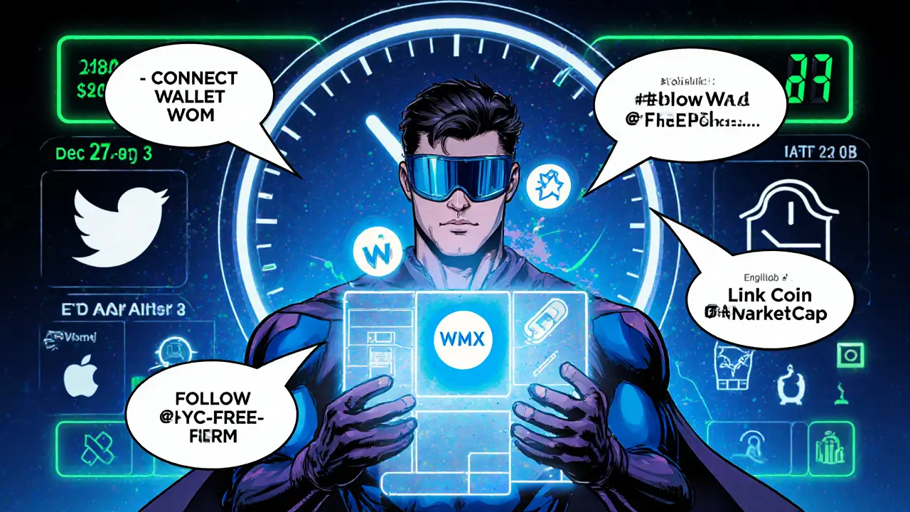 Crypto user hero interacts with holographic wallet, completing eligibility steps for the WMX airdrop.