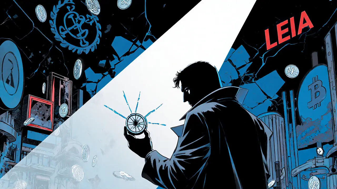 Detective hero inspects cracked LEIA token under harsh light, hinting at risk.