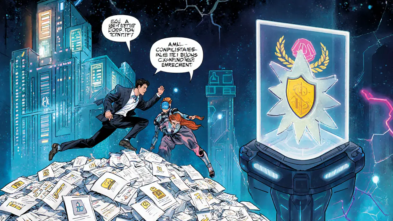 Entrepreneur and sidekick navigate document mountain and robotic inspector to claim glowing license.