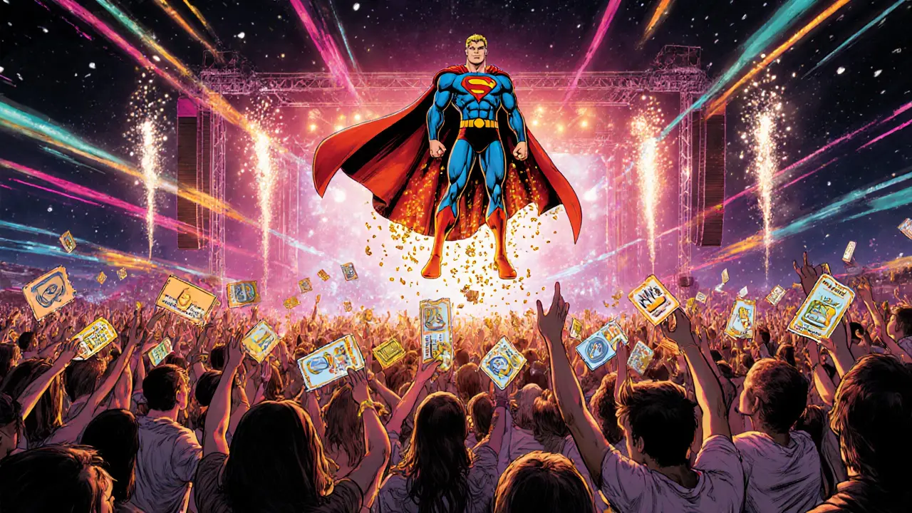 Festival crowd holds holographic NFT tickets; superhero emblem shines with royalty sparks.