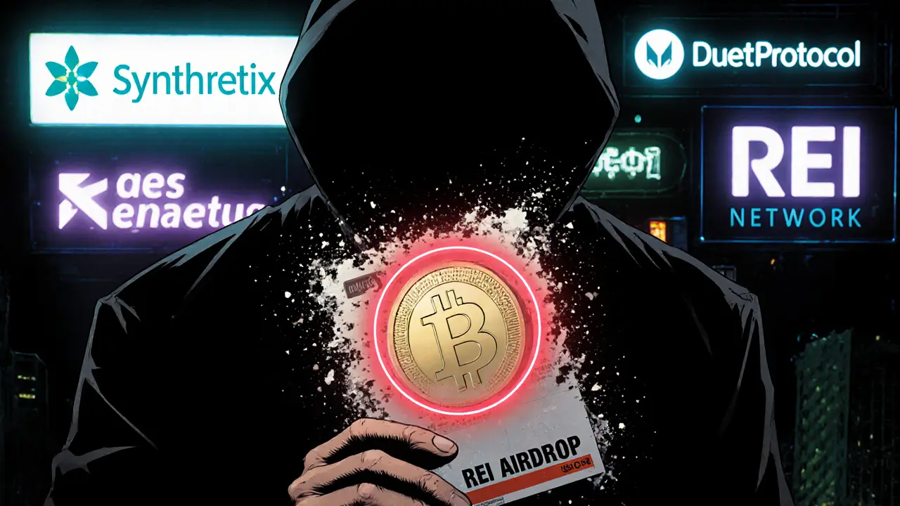 Figure watching a &#039;REI AIRDROP&#039; flyer burn to ash while real crypto projects glow brightly in the background.