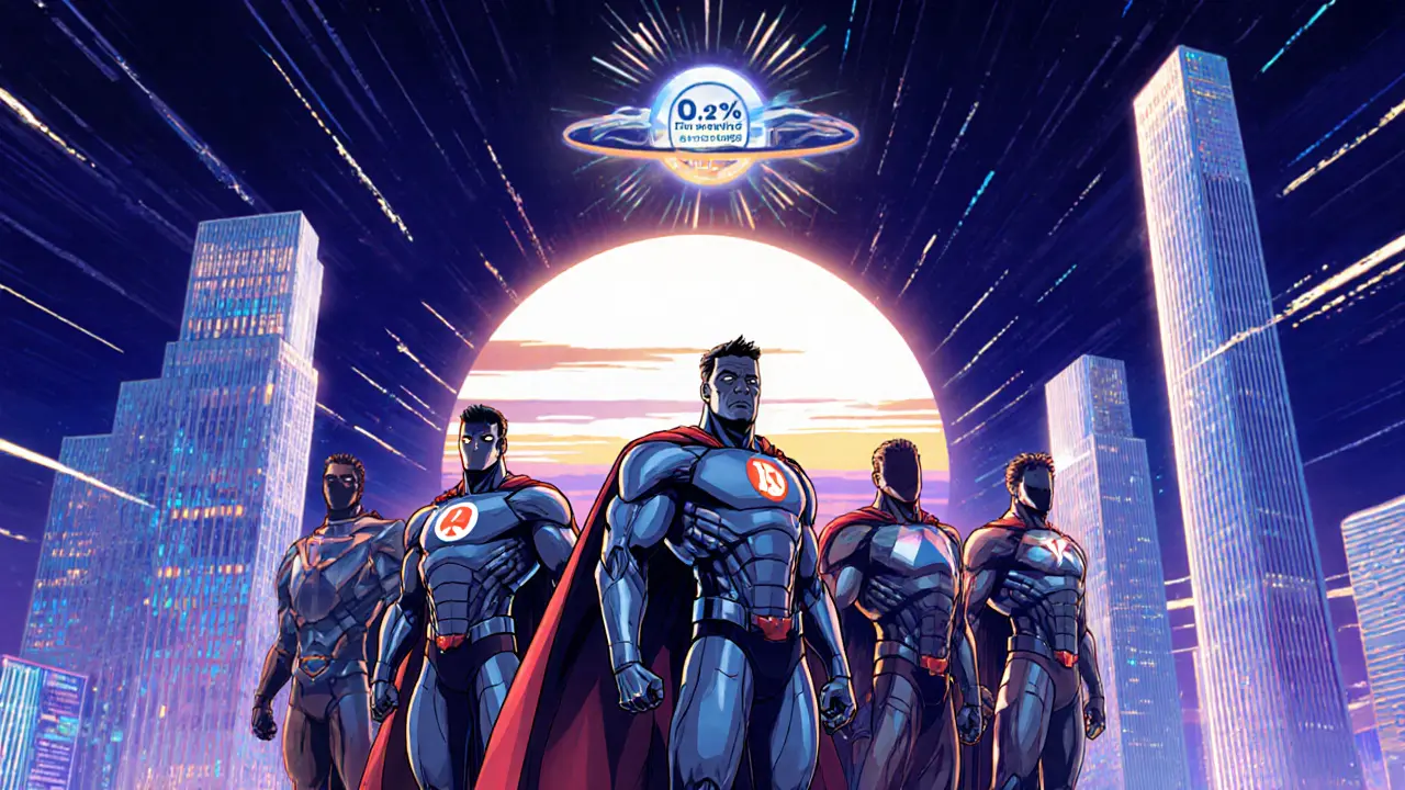 Futuristic crypto exchange heroes stand under OJK guardian with sunrise backdrop.