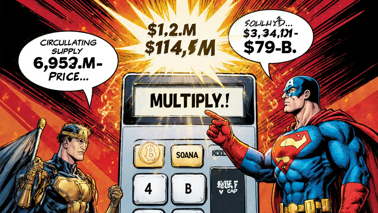 Hero and Bitcoin/Solana sidekicks using a giant calculator to display market cap numbers.