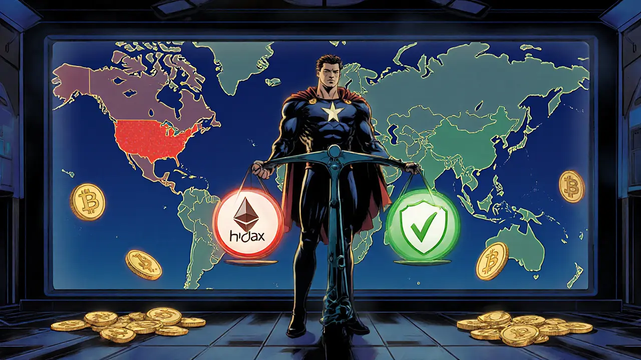 Hero balances Hydax against regulated exchanges on a futuristic trading floor.