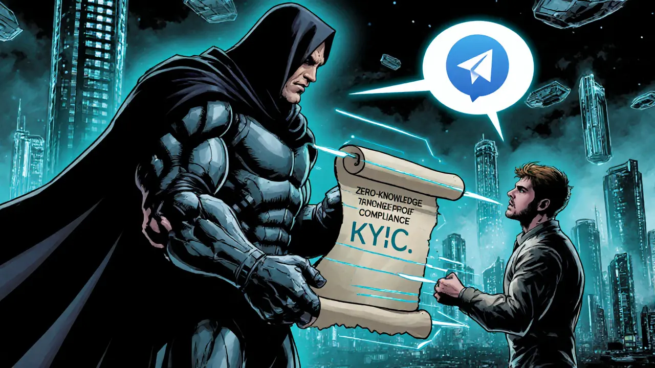 Hero battles regulator villain with a zero‑knowledge proof shield, blockchain city behind.