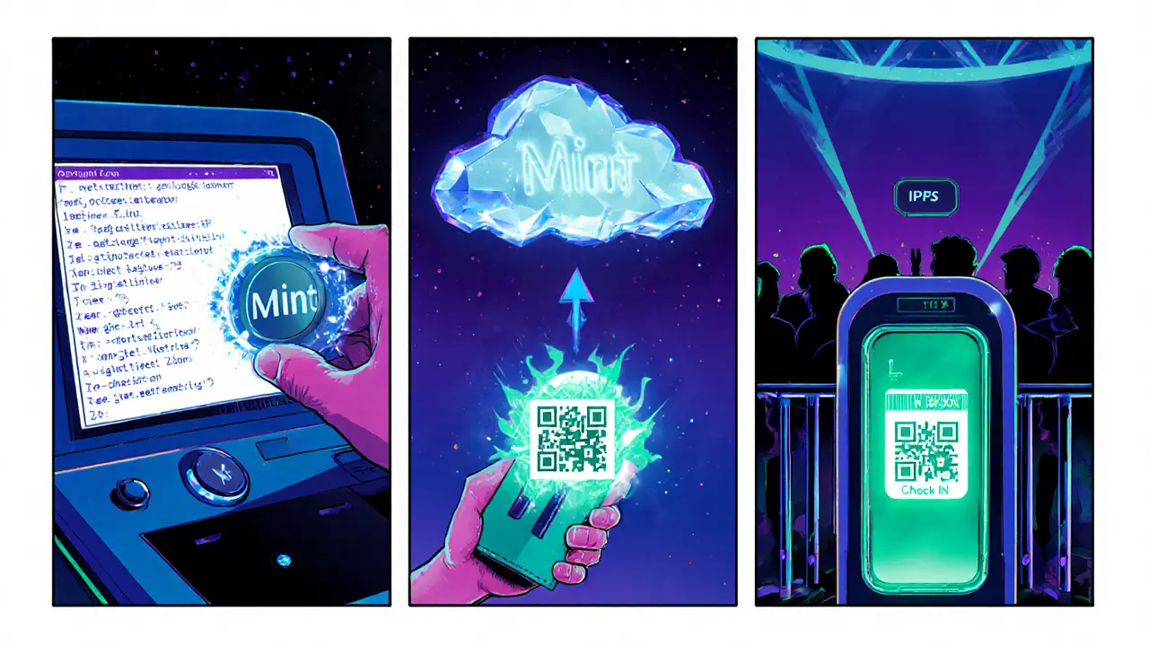 Hero developer mints a glowing NFT ticket, shows dynamic QR and scanner confirming entry.