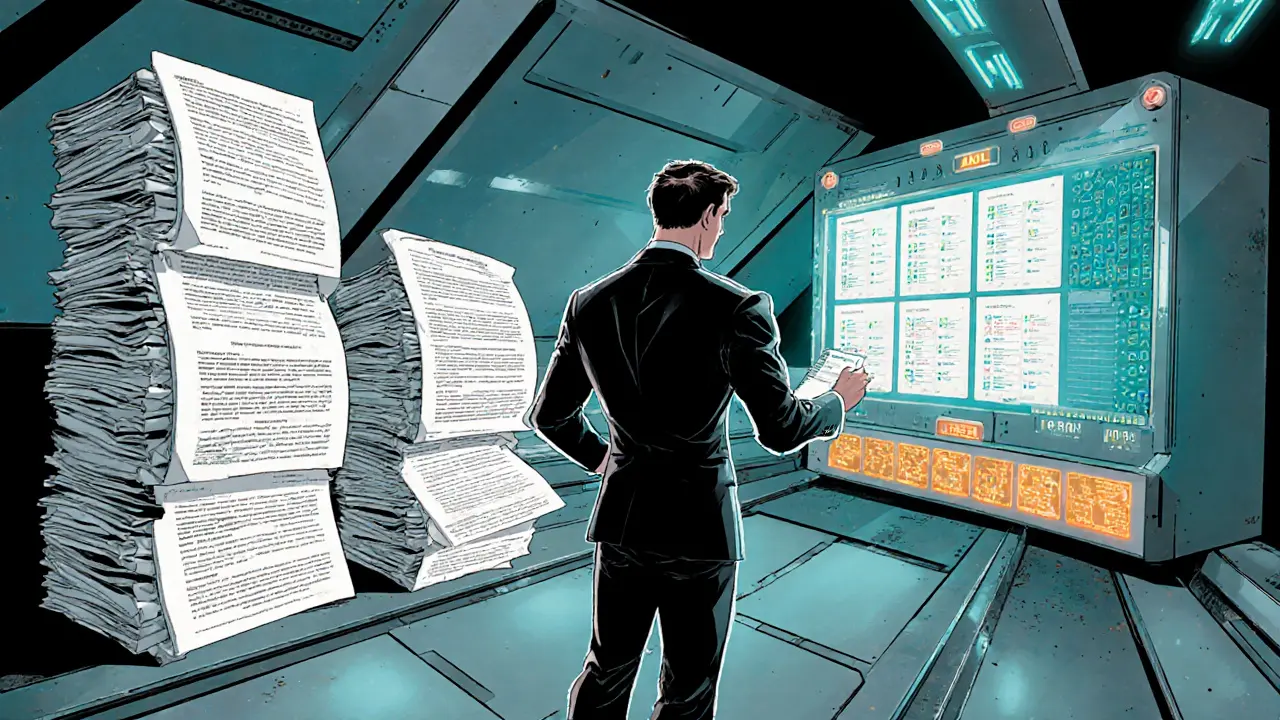 Hero examines contracts and compliance screens in a futuristic office, illustrating licensing steps.