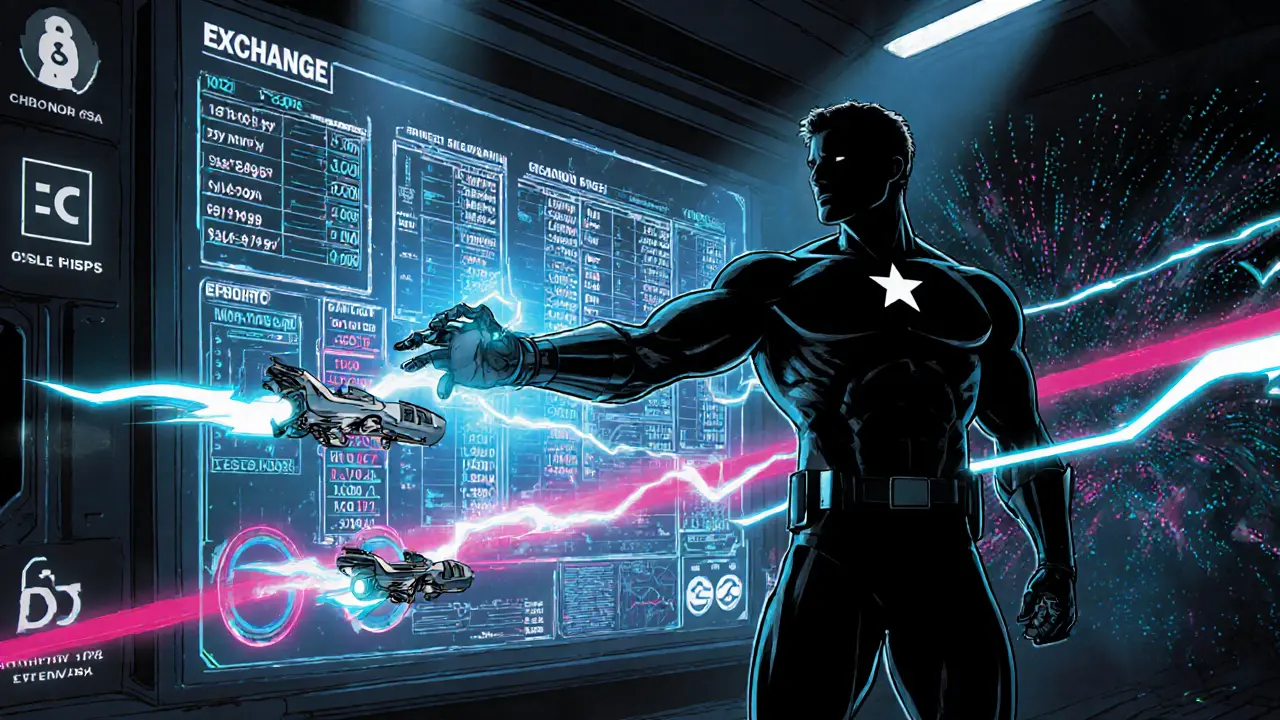 Hero in a control room directing holographic trade data as electric drones zip between exchanges.