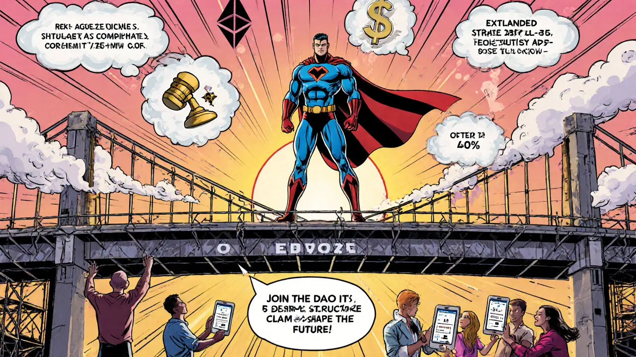 Hero on a cross‑chain bridge faces risk clouds while community members vote on proposals.