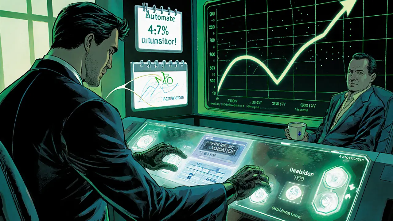 Hero operating automated DCA console with low‑fee meter and steady upward chart.