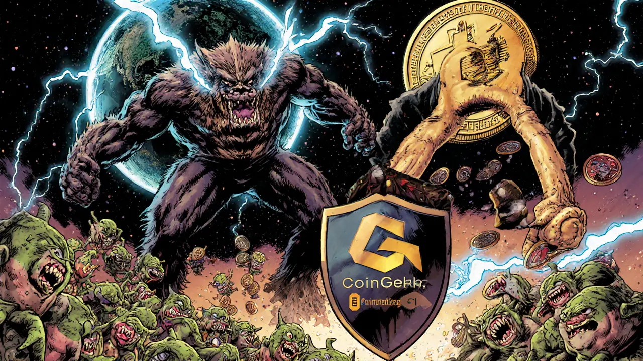 Hero shields against a large Bitcoin monster and small meme‑coin foes, showing market cap impact.