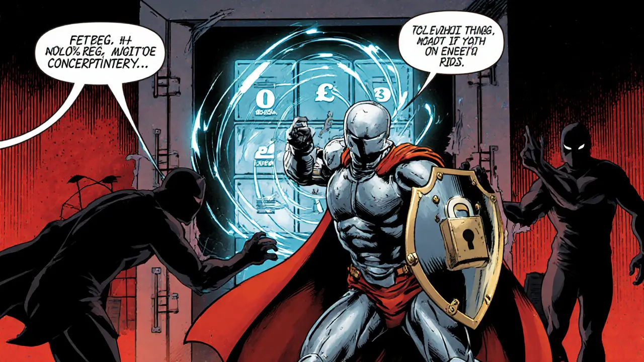 Hero shields against hacking threats, showing fee meter and security icons.