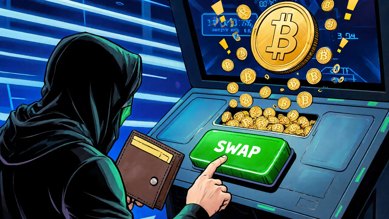 Hero swaps BNB for BB on a futuristic PancakeSwap console with tokens flowing.