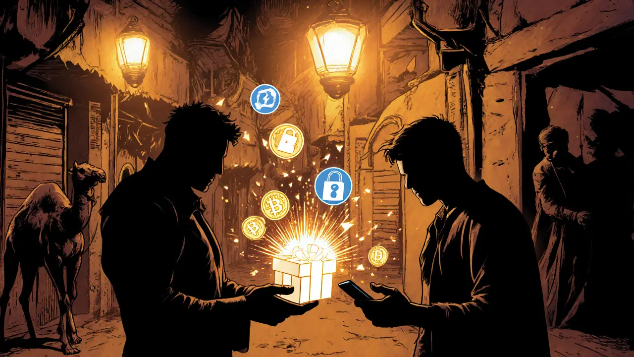 Hero trades a gift card for crypto in a market alley, escrow icons glow.