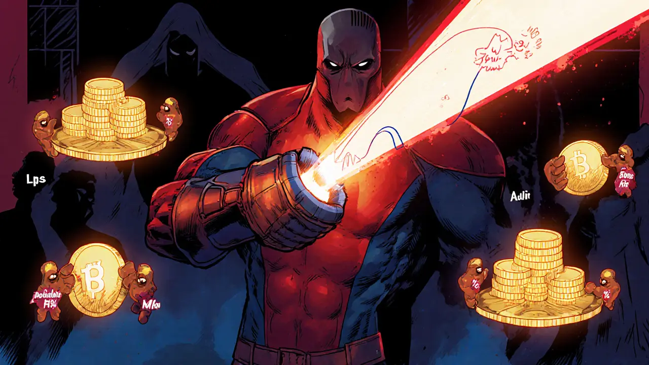 Hero uses a gauntlet to focus liquidity on a price curve, surrounded by MIA tokens.