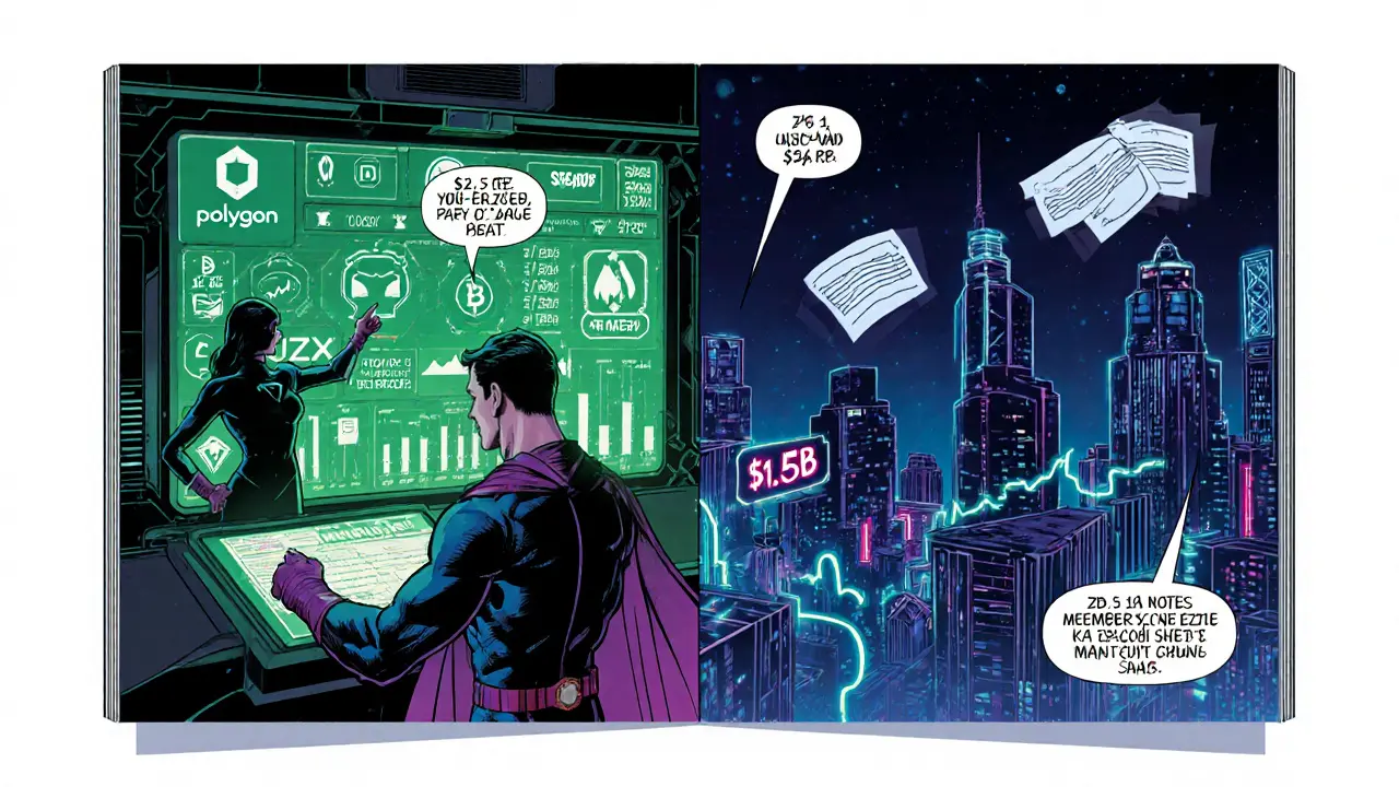 Hero uses holographic console to show Polygon tech, staking, and market charts with trade volume streams.