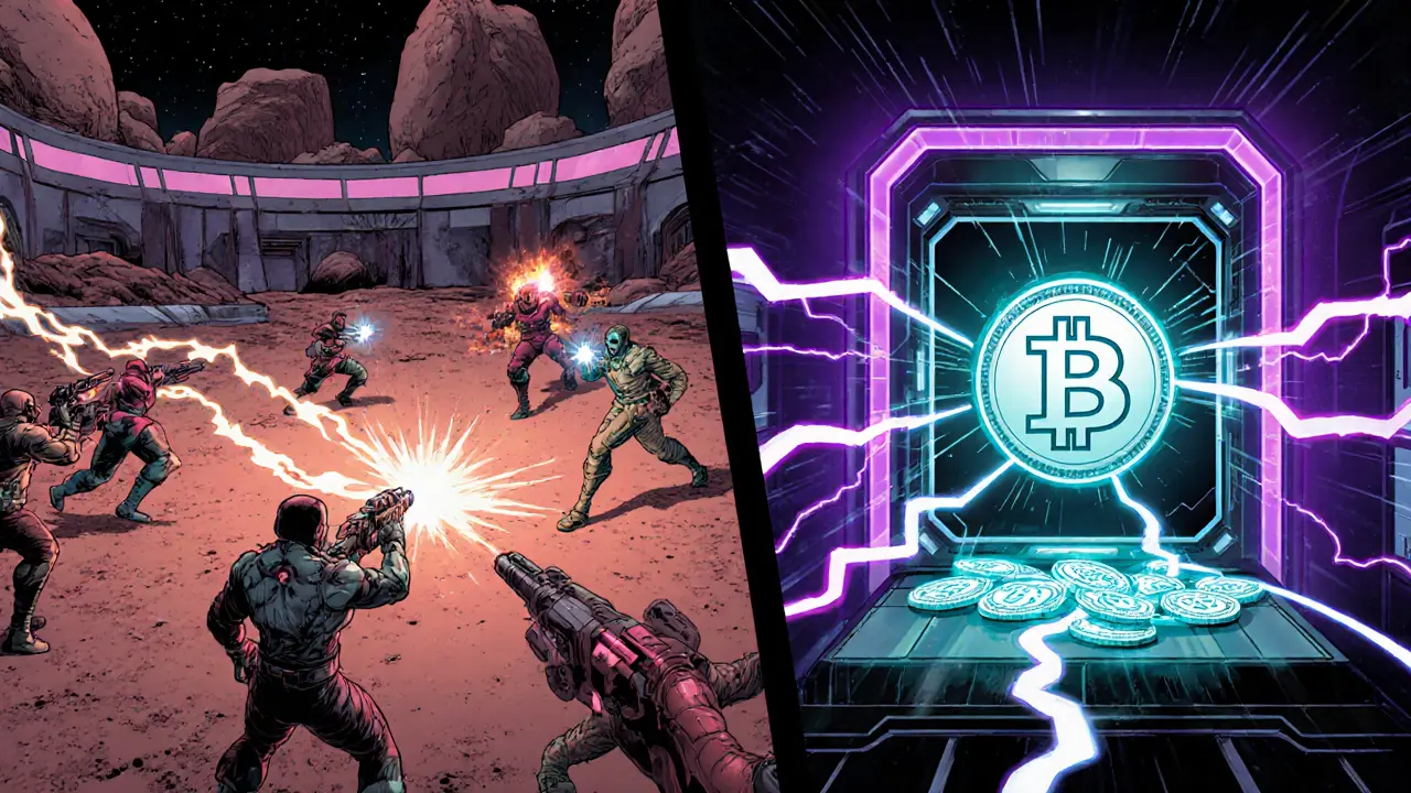 Heroes battle in a neon arena while FAR tokens flow into a Bitcoin‑shaped staking vault.