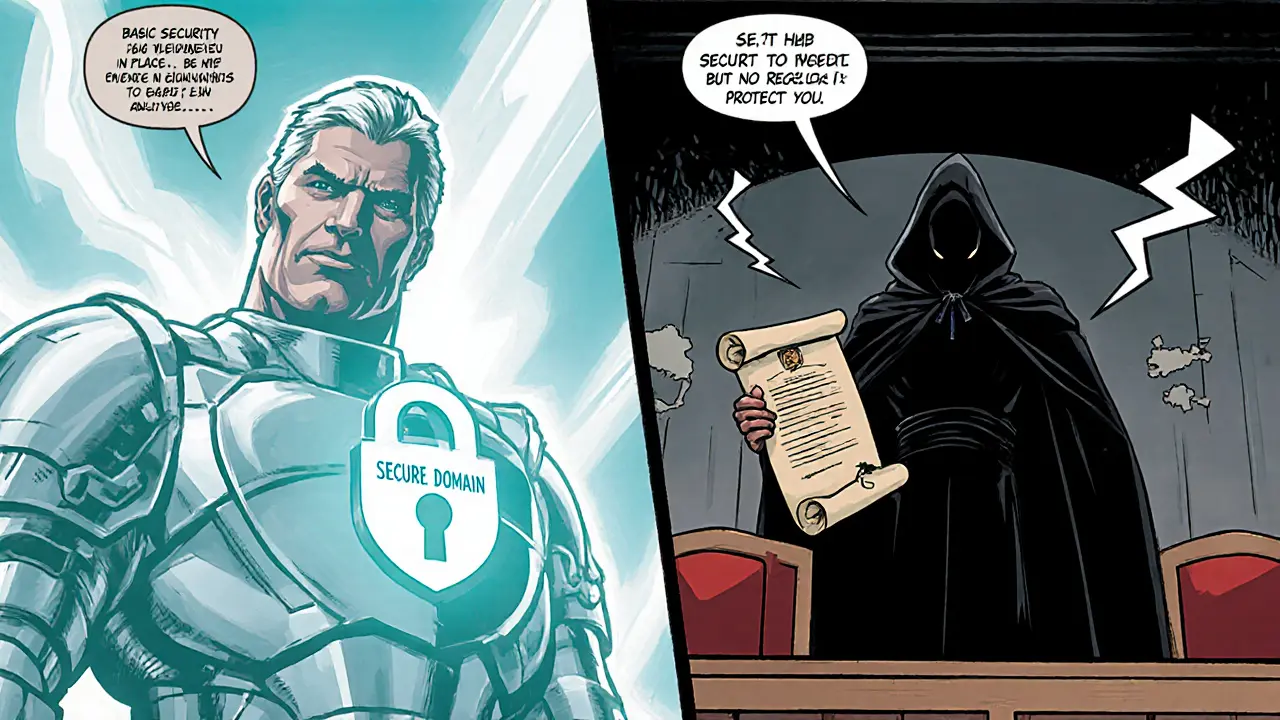 Heroic figure holds an SSL shield while a shadowy regulator silhouette looms, illustrating Zedex&#039;s unregulated status.