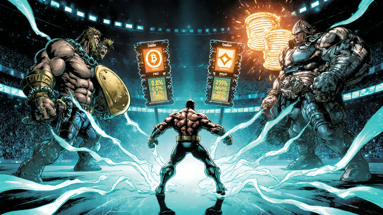 IoBanker hero battles Coinbase, Kraken, and Uniswap, showing fee comparisons.