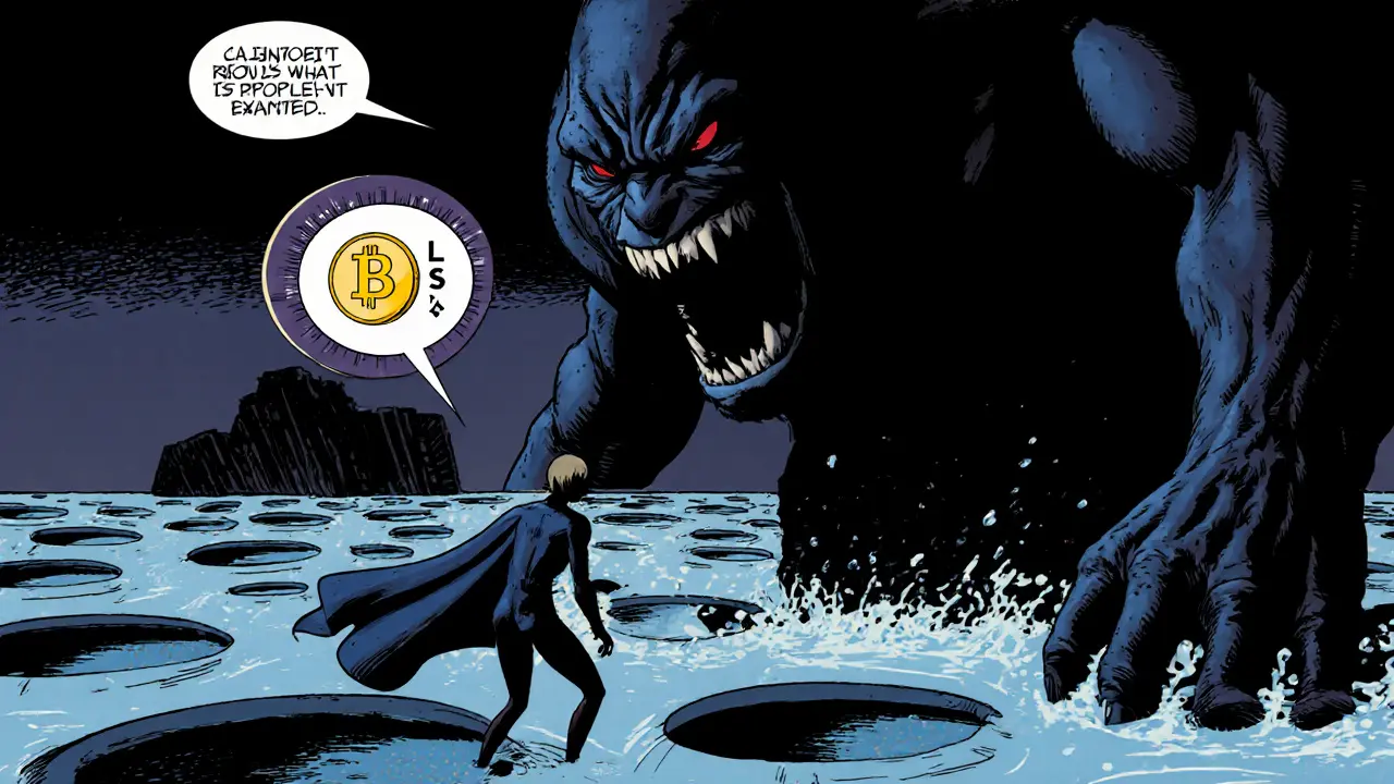 LaserEyes token facing a shadowy liquidity monster and regulatory gavel.