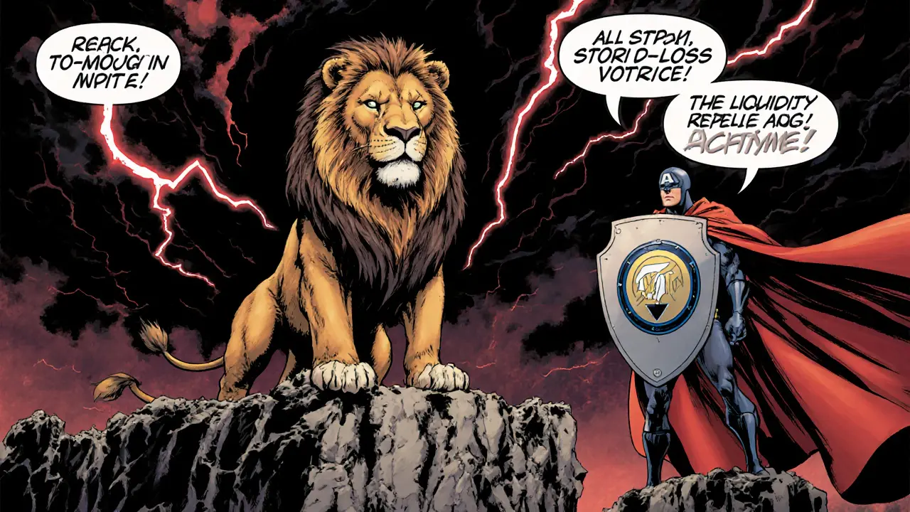 Lion on a crumbling cliff of liquidity guarded by a hero with a stop‑loss shield amid stormy risk symbols.