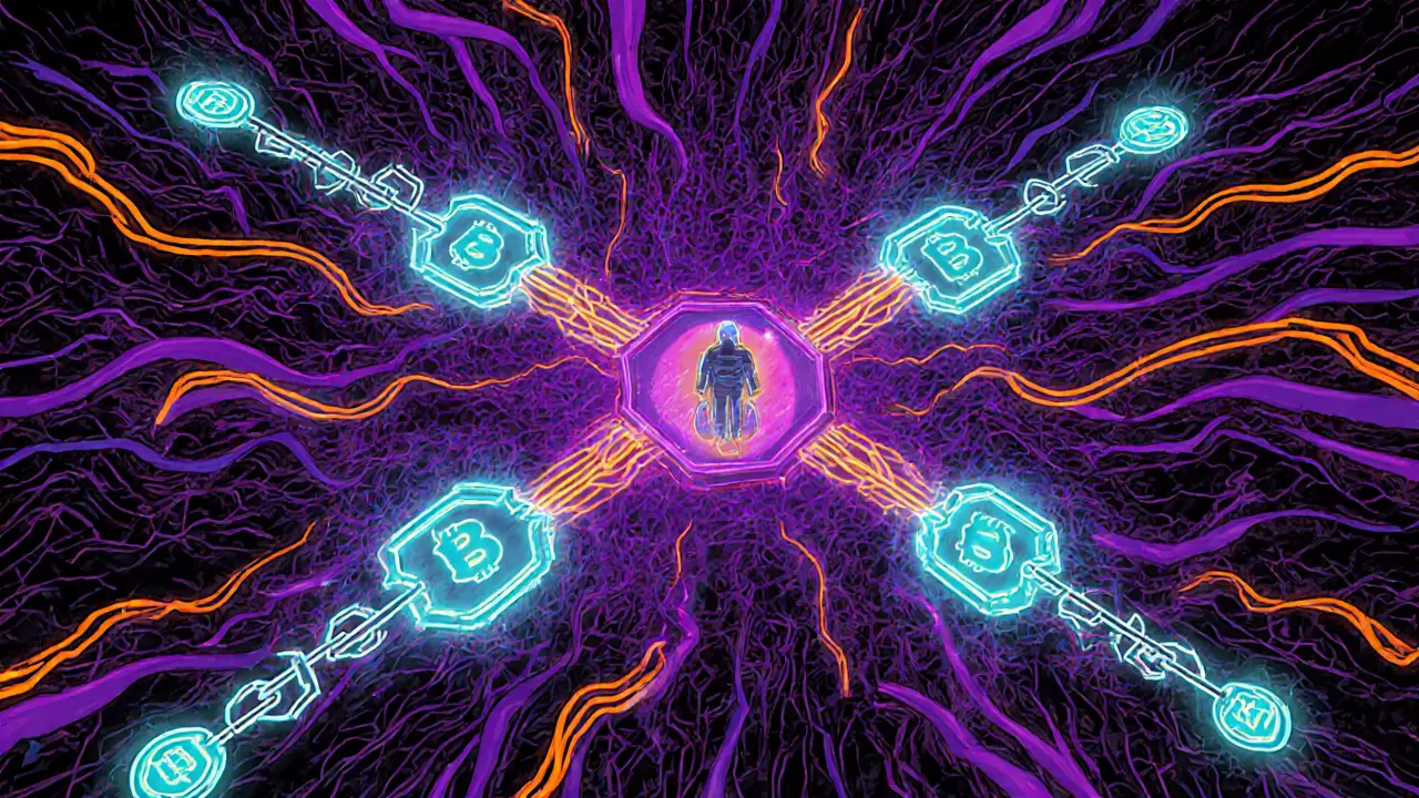 Multiple blockchain networks flooded with transactions in comic book style illustration