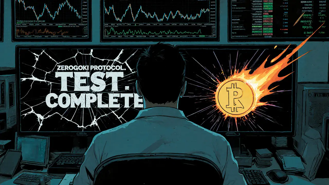 Researcher facing a cracked monitor showing &#039;Test Complete&#039; as synthetic asset charts collapse behind them.