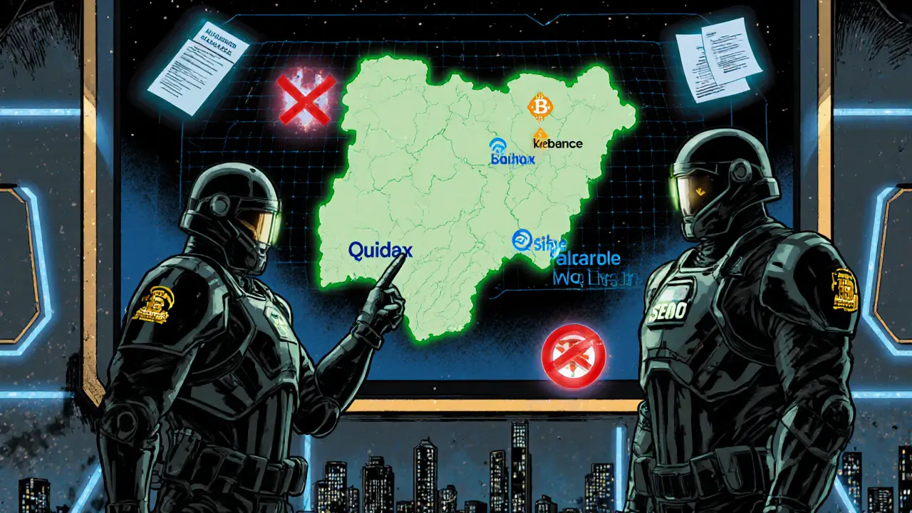SEC regulators monitoring licensed and unlicensed crypto exchanges on a glowing digital map of Nigeria.