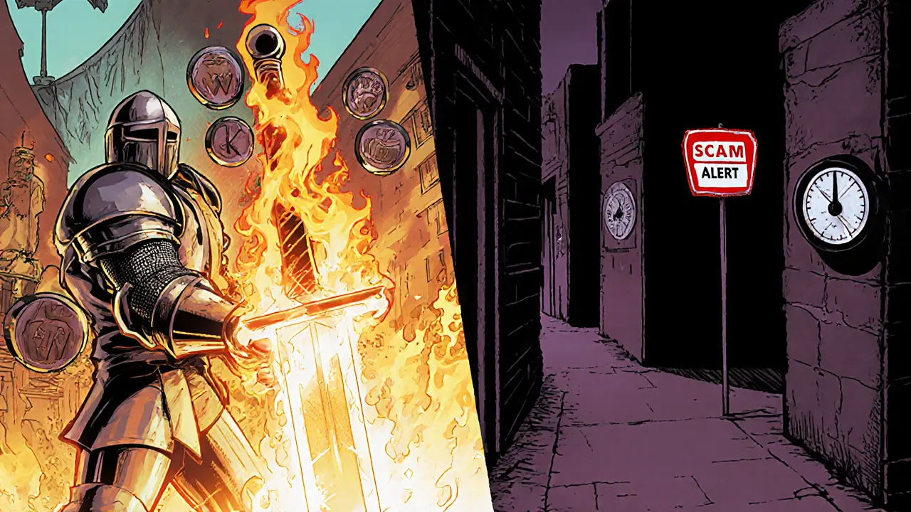 Split scene of knight using KWS-powered weapons and warning symbols of risk.