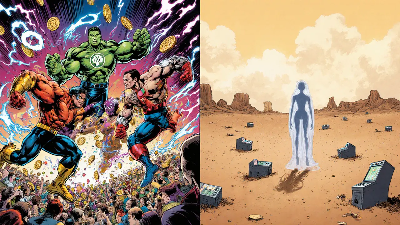 Strong gaming heroes battle vibrant worlds while frail LEIA stands alone in a barren arena.