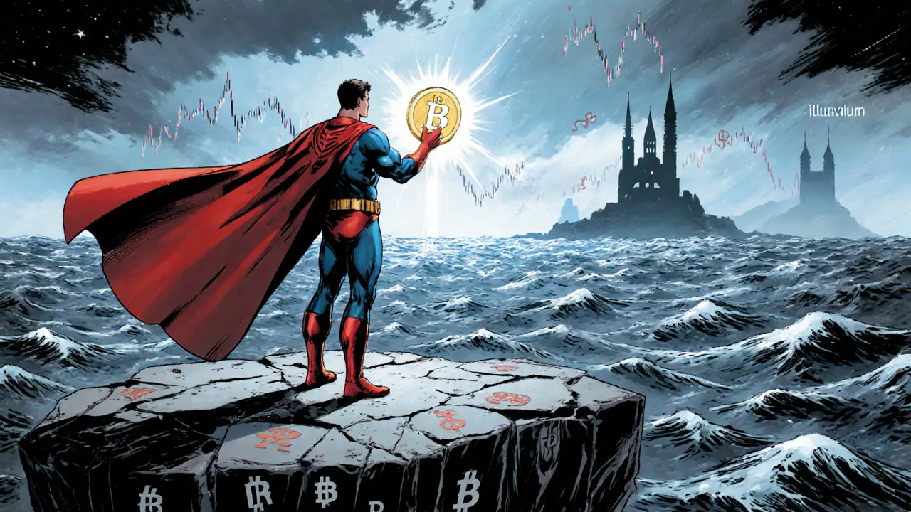 Superhero analyst holds a FAR emblem on a cracked platform overlooking volatile market waves.
