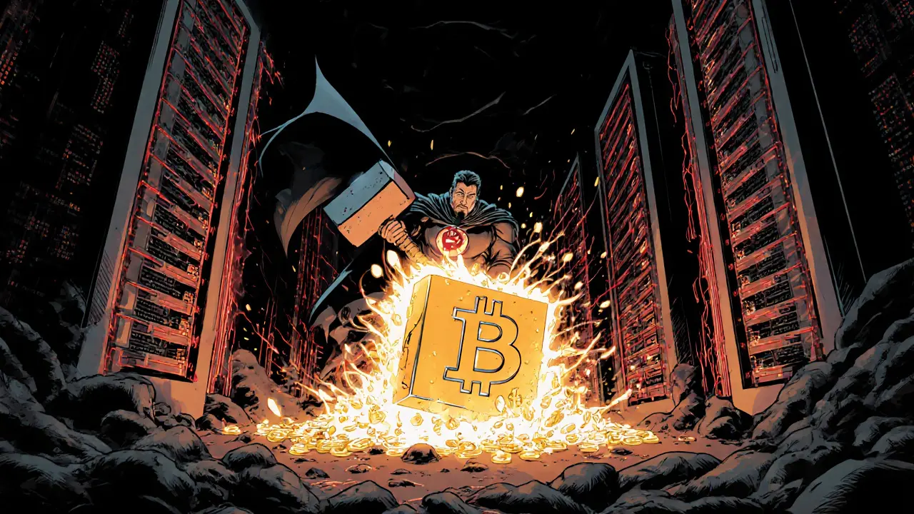 Superhero Satoshi strikes a golden Genesis Block amid mining rigs and hash streams.