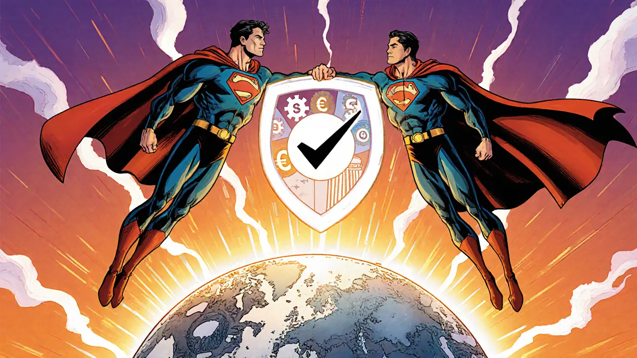 Superheroes unite, soaring over a globe with trade and finance symbols, representing combined licensing success.