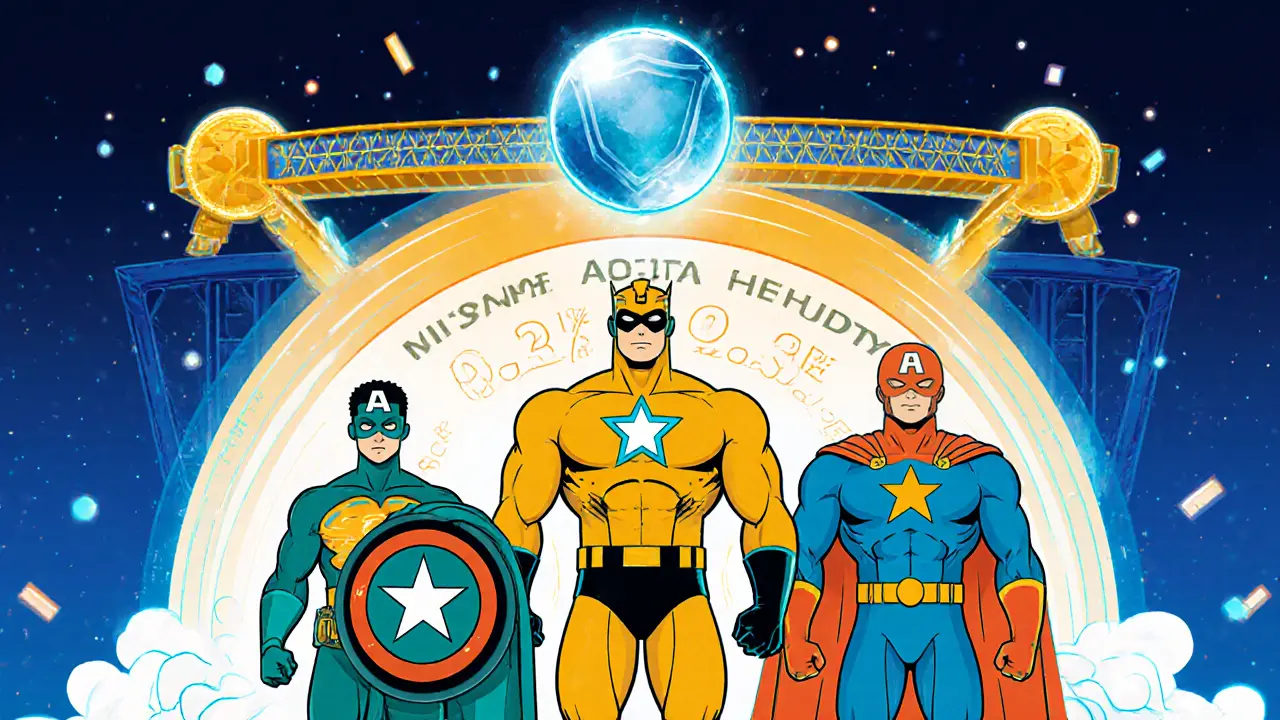 Three superhero teams on a scoreboard compare fees, with a future bridge and audit shield.