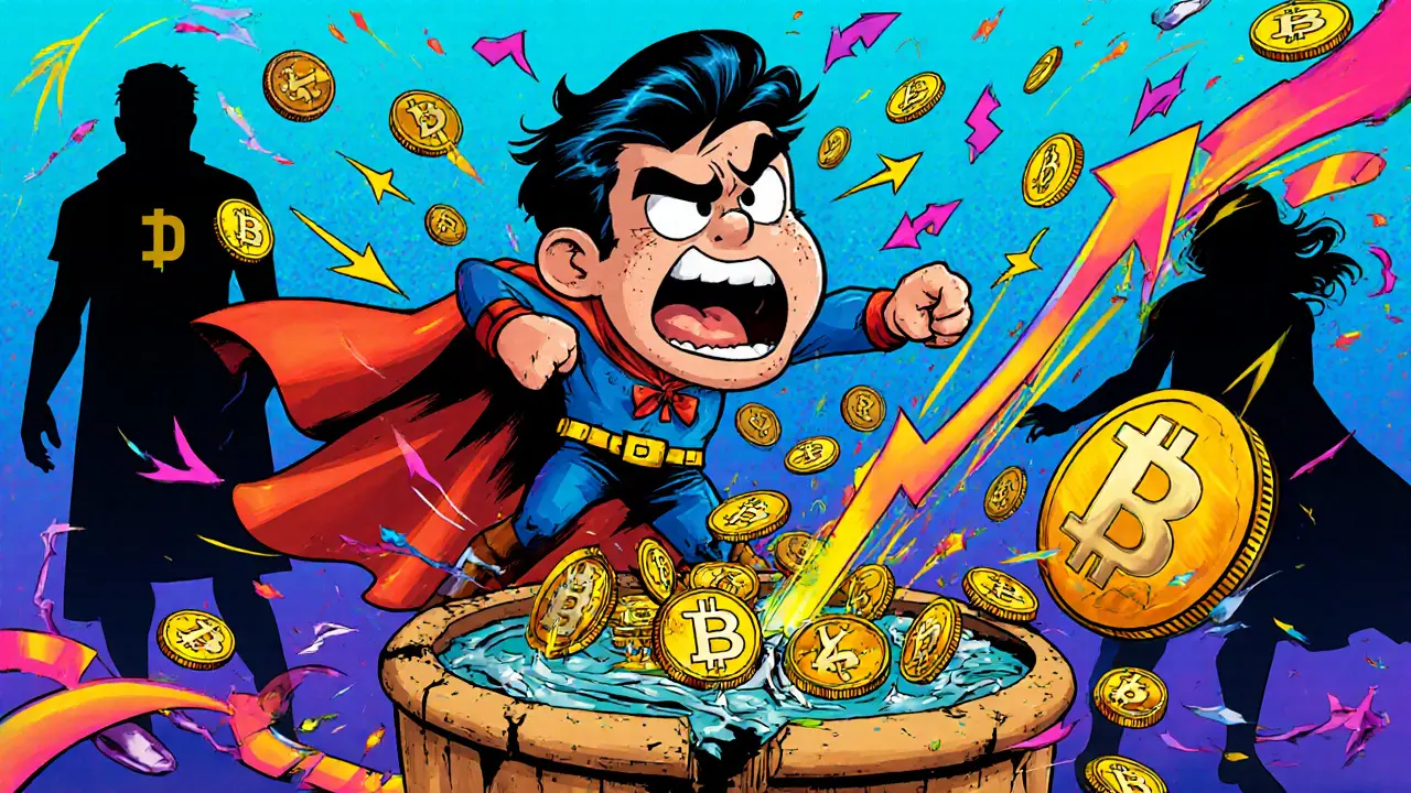 Trader in a cape battling low liquidity on a tiny PancakeSwap stall.