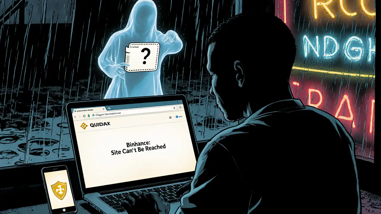 User facing a blocked crypto site while a licensed exchange glows safely on their phone in a rainy internet cafe.