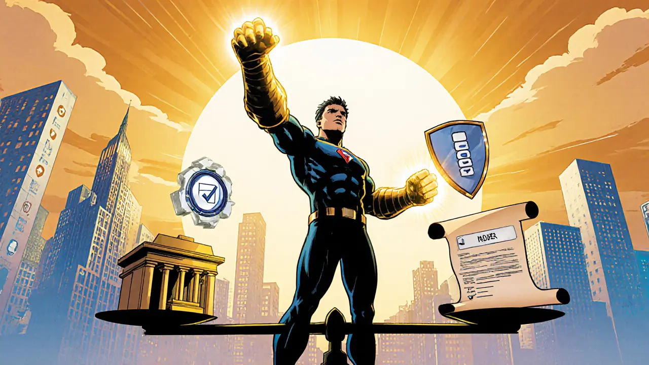 User hero with hardware wallet and security gadgets balancing exchange and personal vault.