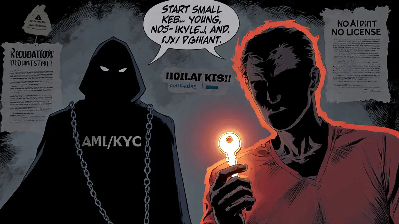 User holds a glowing private key while a shadowy regulator looms behind.