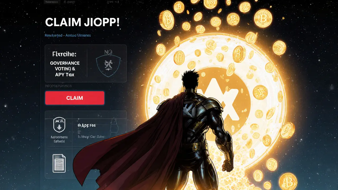 Victorious hero claims glowing WMX tokens from a portal, with tokenomics symbols in the background.