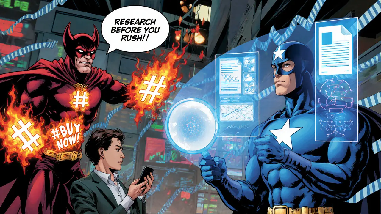 Villain spreading hype while hero examines whitepaper and code on a chaotic floor.