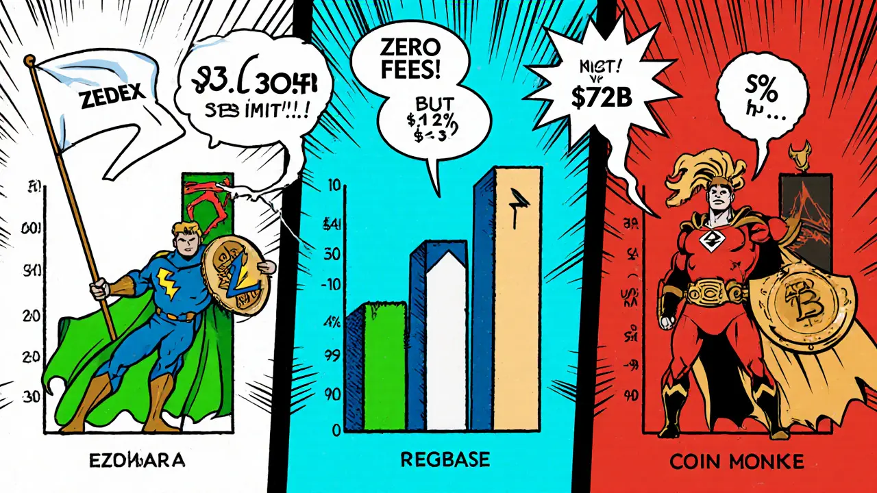 Zedcex hero confronts Binance, Coinbase, and Kraken heroes, showing fee and volume differences.