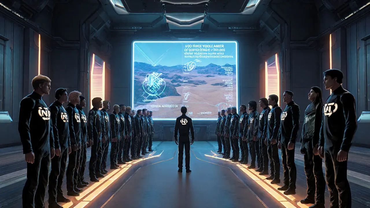 88 NFT holders in a virtual metaverse headquarters voting beside a holographic water project display.